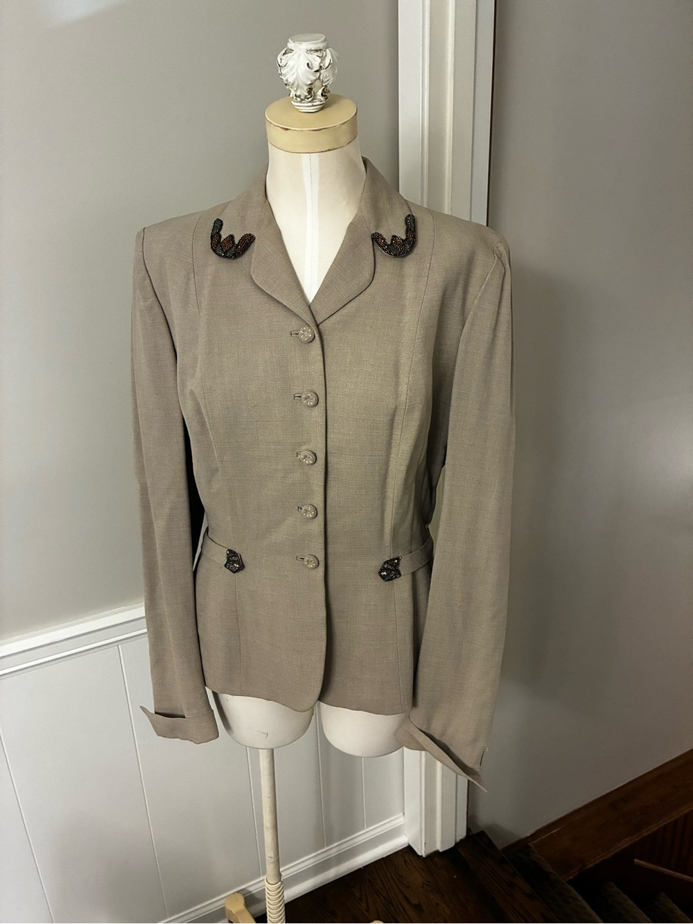 Vintage Macy's Taupe Tailored Blazer with Decorative Beaded Accents